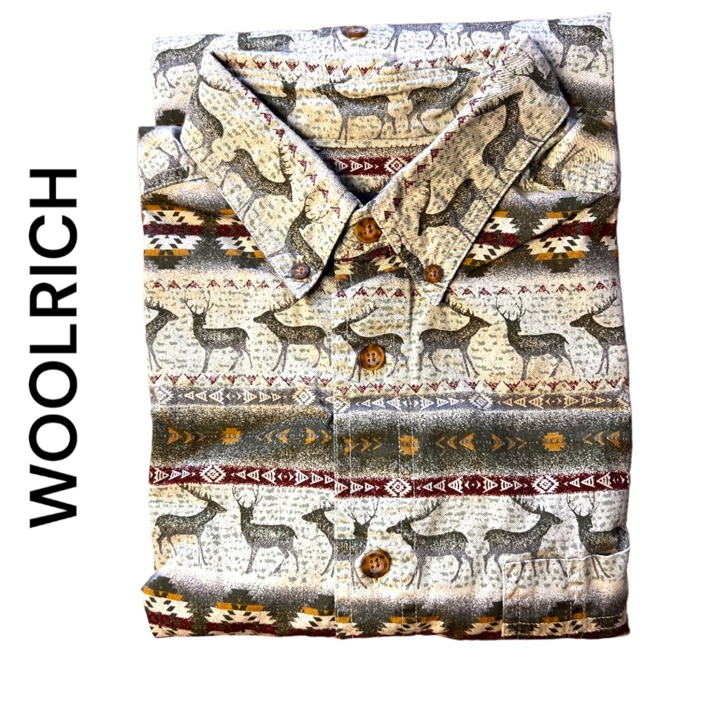 WOOLRICH Vintage Men’s Olive Deer SW Long Sleeve Button Down Shirt Medium
